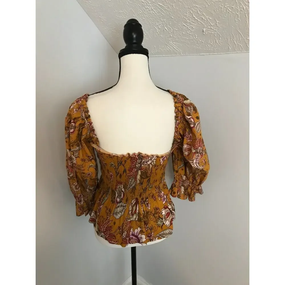 Anthro Conditions Apply Smocked Sweetheart Floral Blouse Boho S